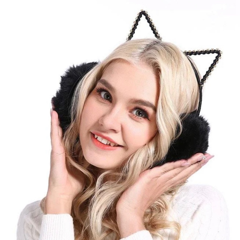 Black Bejeweled Cat Ear Earmuffs